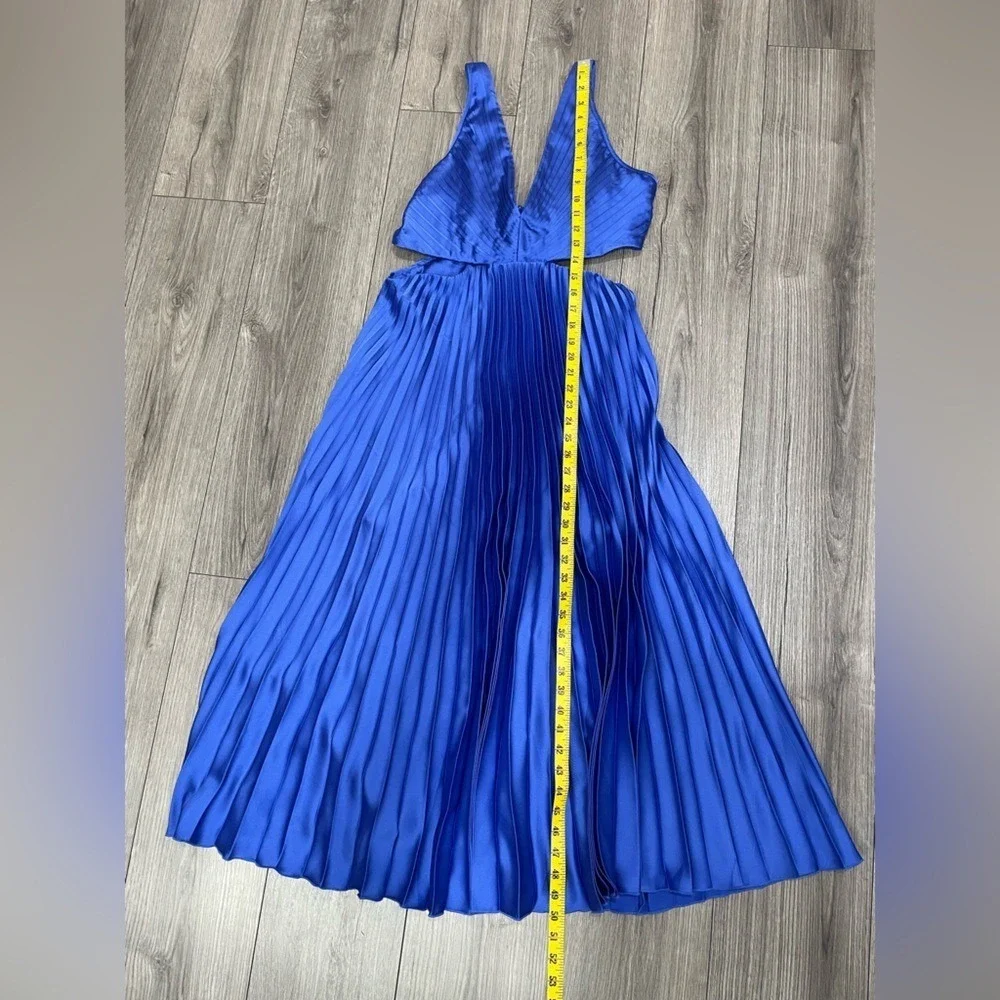 NWT A&F Abercrombie & Fitch Giselle Pleated Cutout Maxi Dress Blue Satin Sz LP